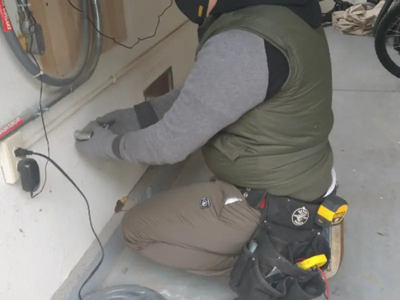 Electrician performing outlet wiring in a Lower garage